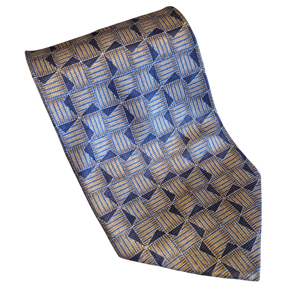 Z Inc Geometric Silk Tie Blue Gold Retro 90s Abstract Mens Necktie